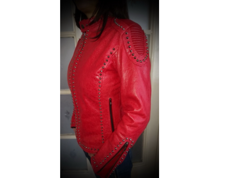 Women's Red Studded Lambskin Leather Biker Jacket - Handcrafted Punk Moto Jacket