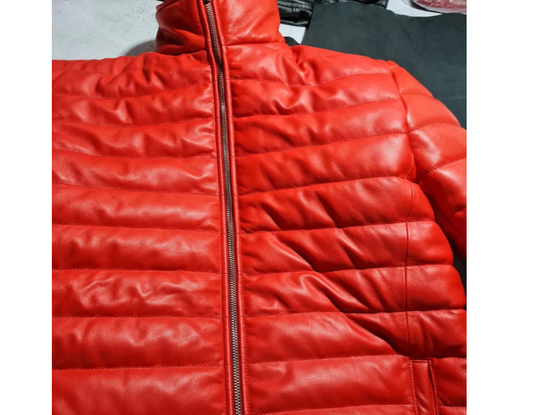 Bold Red Leather Puffer Jacket