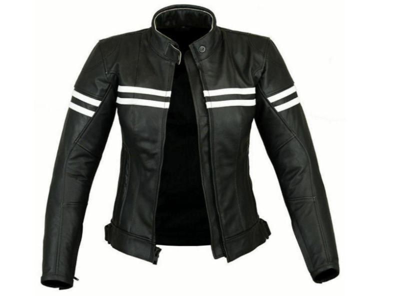 Sleek Black Leather Jacket for Women with White Stripes