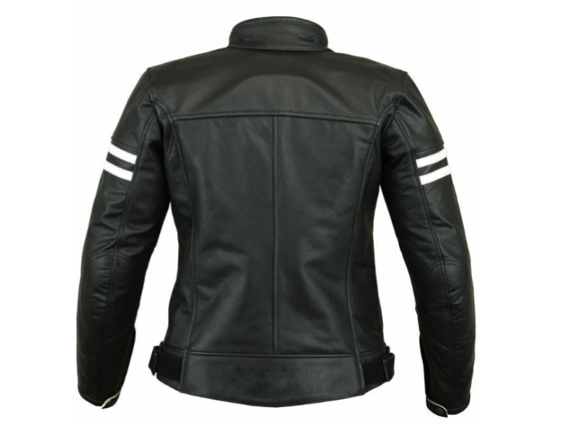 Sleek Black Leather Jacket for Women with White Stripes