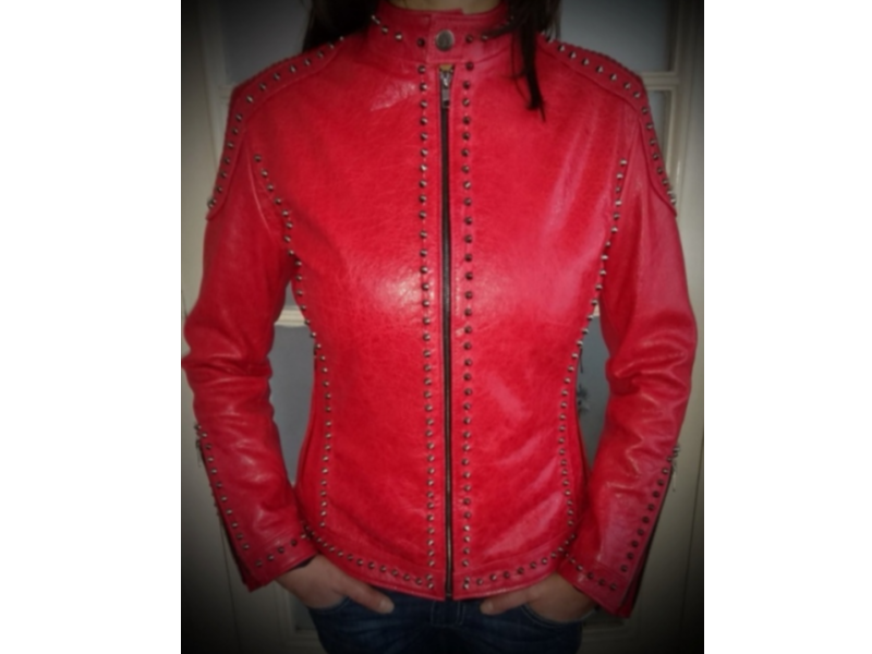 Women's Red Studded Lambskin Leather Biker Jacket - Handcrafted Punk Moto Jacket