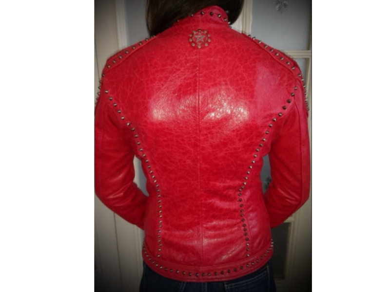 Women's Red Studded Lambskin Leather Biker Jacket - Handcrafted Punk Moto Jacket