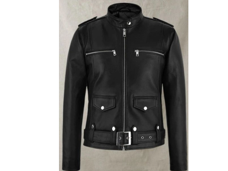 Men's Black Genuine Leather Belted Biker Jacket - Classic Moto Style