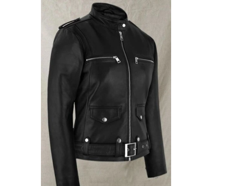 Men's Black Genuine Leather Belted Biker Jacket - Classic Moto Style