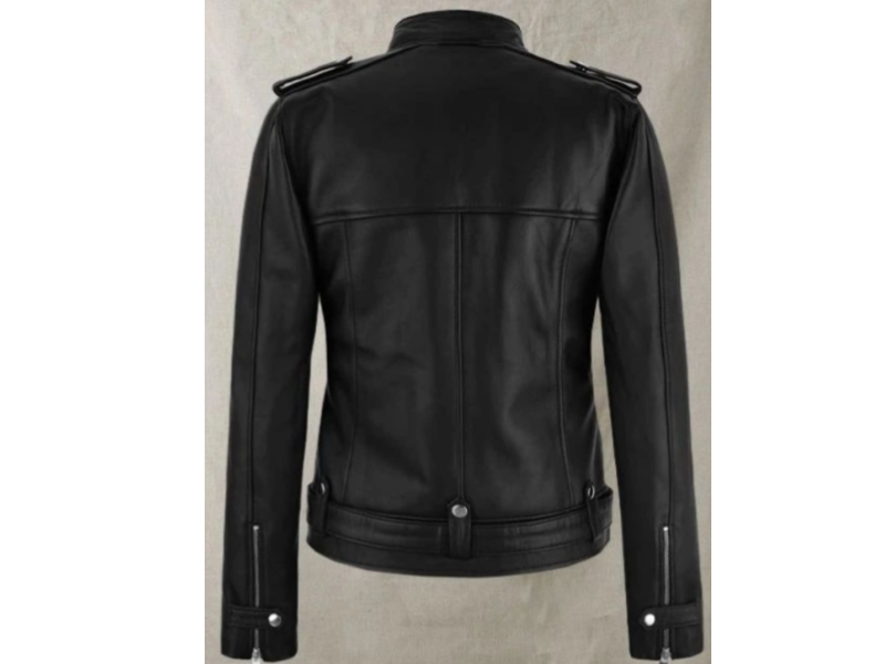 Men's Black Genuine Leather Belted Biker Jacket - Classic Moto Style