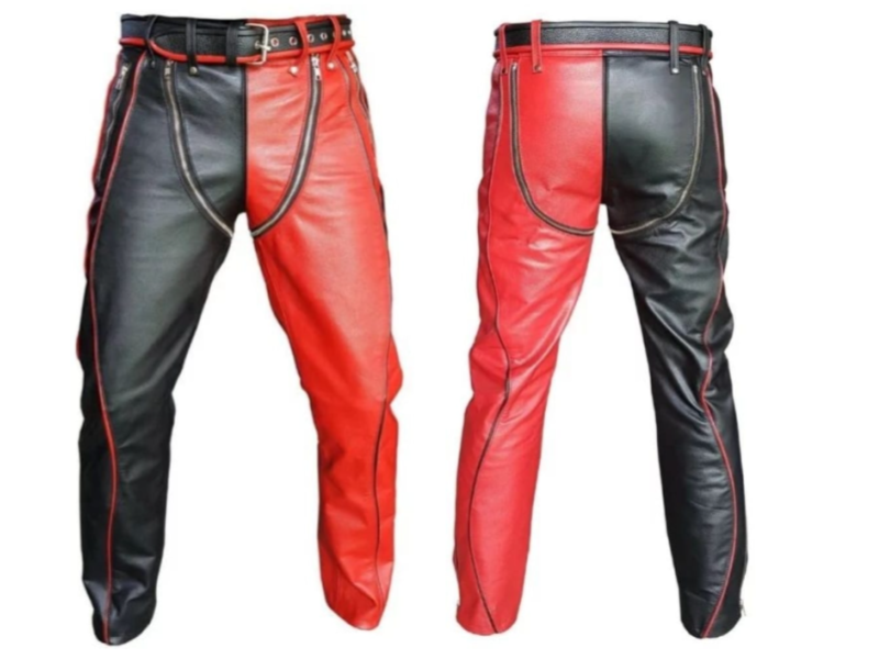 Men's Black & Red Two-Tone Leather Pants with Zippers - Punk Rock Style Trousers