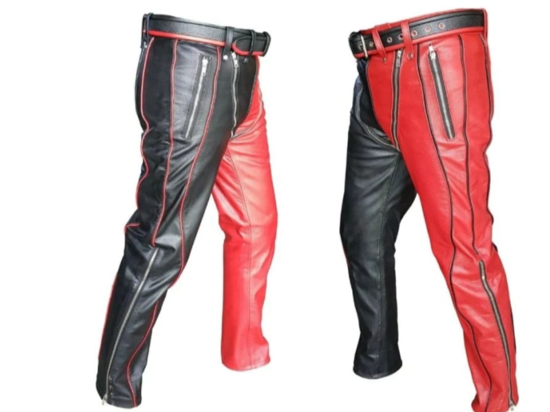 Men's Black & Red Two-Tone Leather Pants with Zippers - Punk Rock Style Trousers
