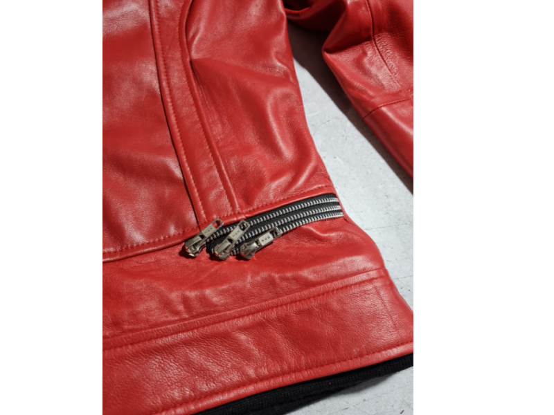 Women's Red Leather Jacket with Detachable Faux Fur Collar - Biker Style