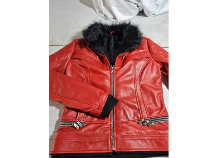 Women's Red Leather Jacket with Detachable Faux Fur Collar - Biker Style