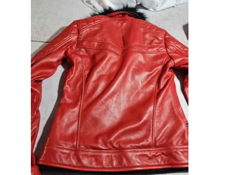 Women's Red Leather Jacket with Detachable Faux Fur Collar - Biker Style
