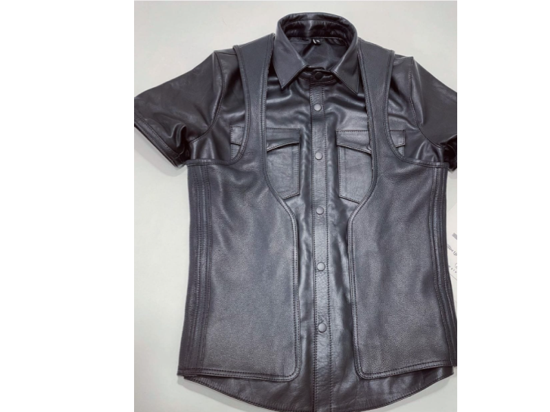 Men's Black Genuine Leather Shirt with Integrated Vest - Unique Biker Style Top