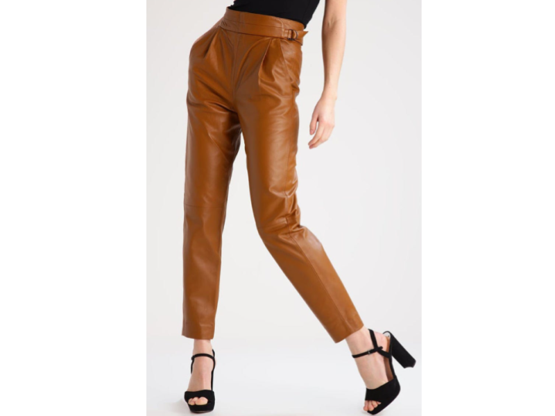 Women's High-Waisted Tan Leather Trousers - Tapered Fit with Belted Waist