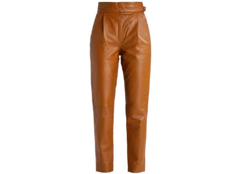 Women's High-Waisted Tan Leather Trousers - Tapered Fit with Belted Waist
