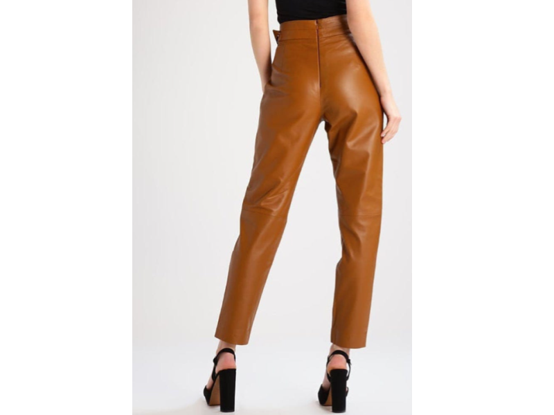 Women's High-Waisted Tan Leather Trousers - Tapered Fit with Belted Waist