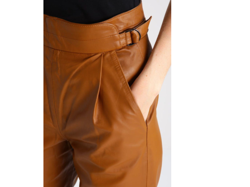 Women's High-Waisted Tan Leather Trousers - Tapered Fit with Belted Waist