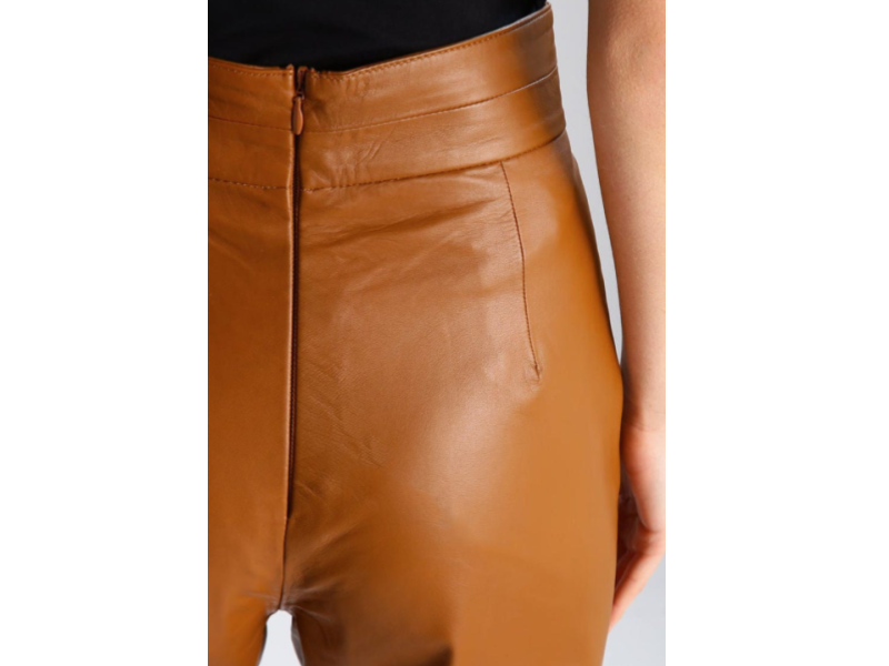 Women's High-Waisted Tan Leather Trousers - Tapered Fit with Belted Waist