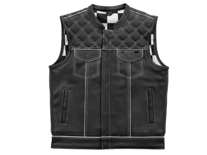 Men's Black Leather Biker Vest with Quilted Shoulders
