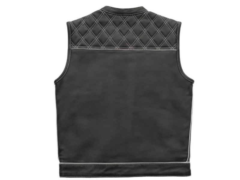 Men's Black Leather Biker Vest with Quilted Shoulders