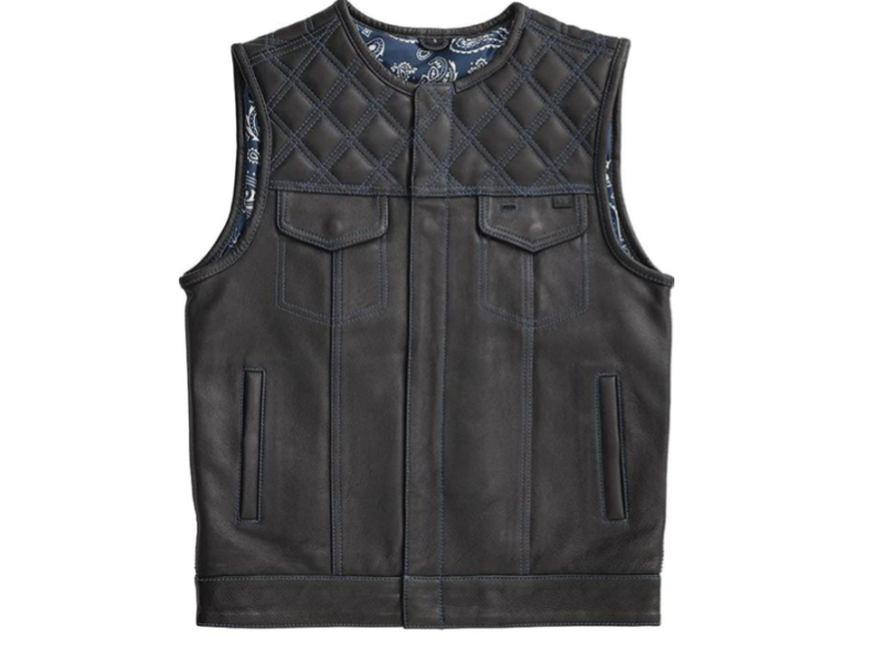 Men's Black Leather Biker Vest with Quilted Shoulders