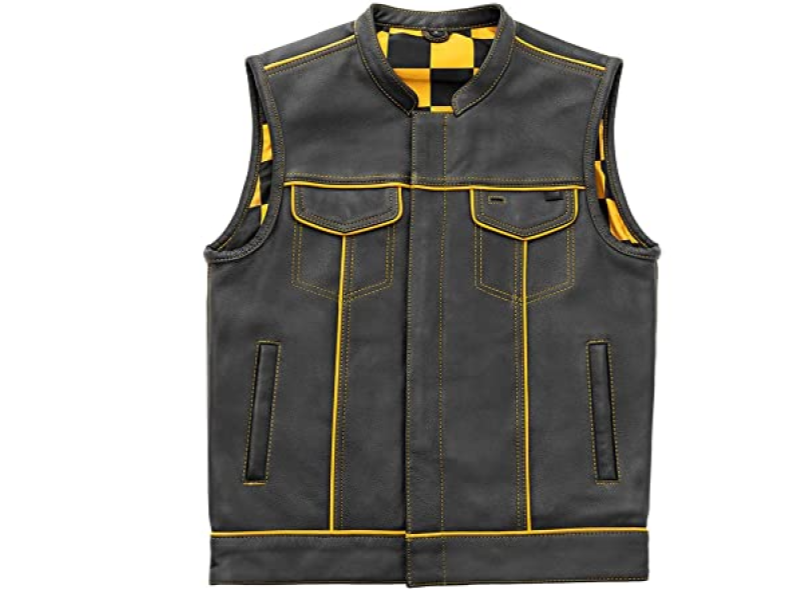 Men's Black Leather Biker Vest with Quilted Shoulders