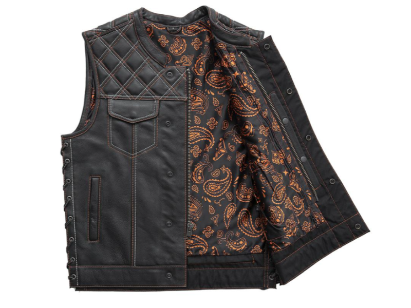 Men's Black Leather Biker Vest with Quilted Shoulders